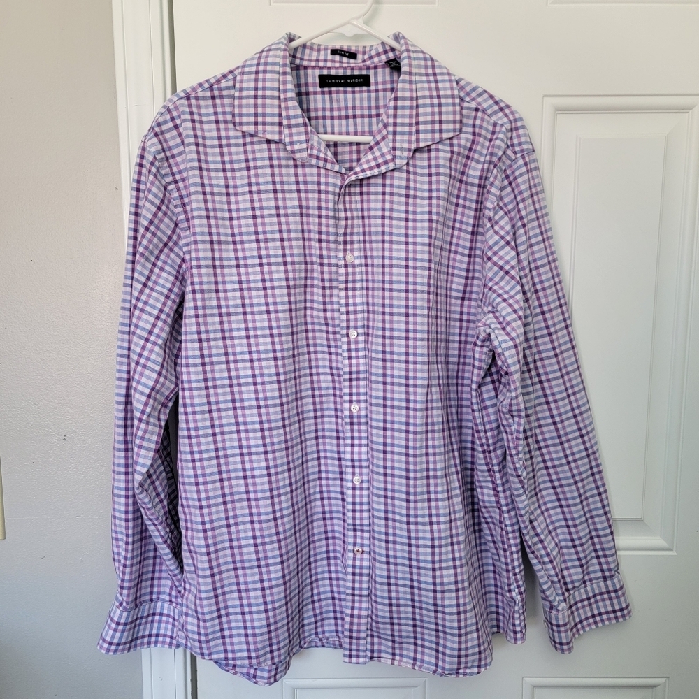 Tommy Hilfiger Purple Blue Check Long Sleeve Button Up Shirt Preppy Slim Fit XL